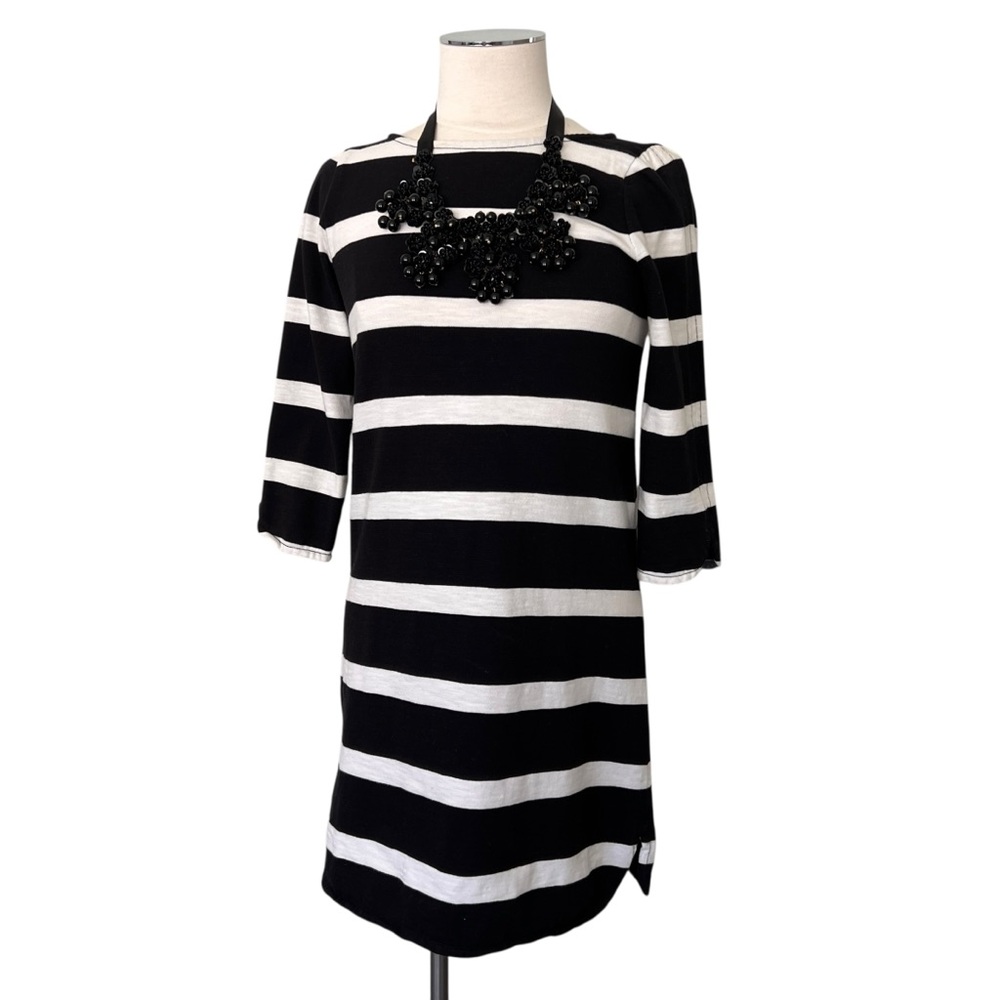 J. CREW Striped Boatneck 3/4 Sleeve Cotton Dress Black Ivory Sz XS